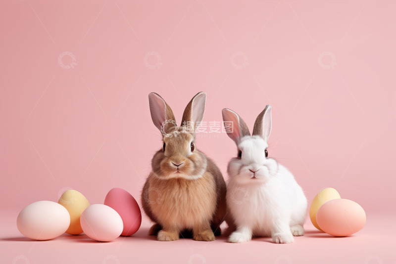 高清大图下载【趣麦麦图】复活节双兔与彩蛋静物