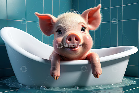 卡通小猪在浴缸内泡澡