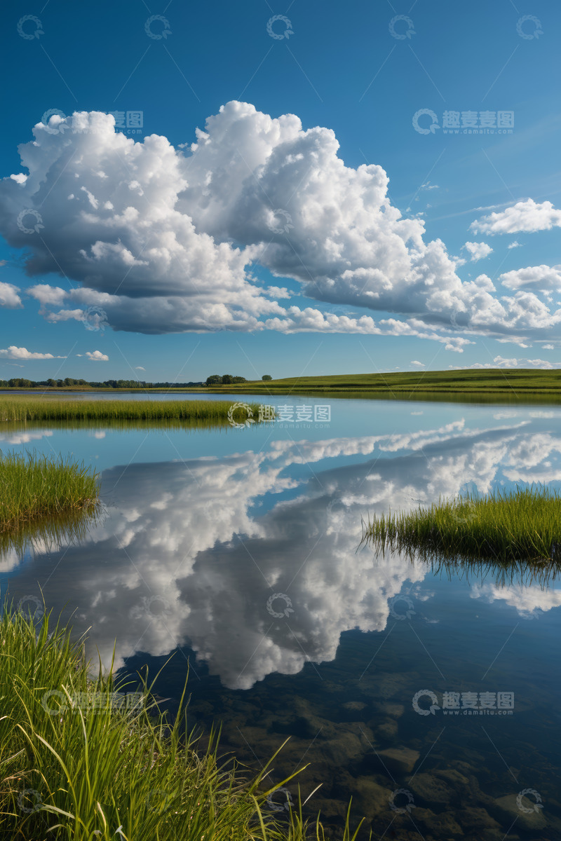 高清大图下载【趣麦麦图】蓝天白云下的湖泊自然景观