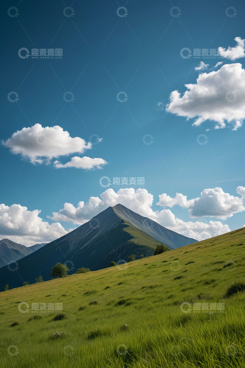 高清大图下载【趣麦麦图】蓝天白云下的高山草地风景