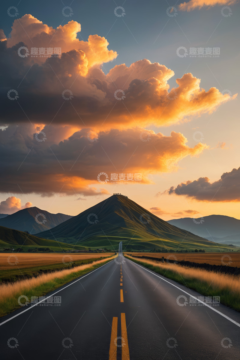 高清大图下载【趣麦麦图】旷野道路与晚霞山丘风景