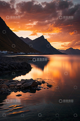 挪威峡湾自然风光日落景象