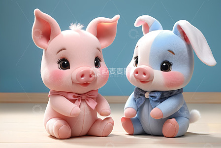 可爱粉色小猪与蓝白小兔玩偶