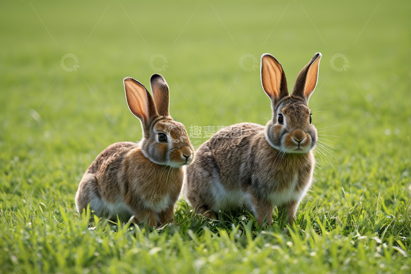 高清大图下载【趣麦麦图】草地上的两只兔子