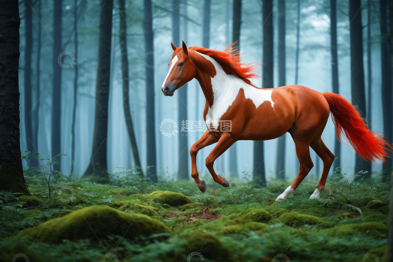 高清大图下载【趣麦麦图】森林中奔跑的棕白相间马