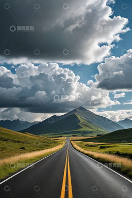 草原公路延伸至远山美景