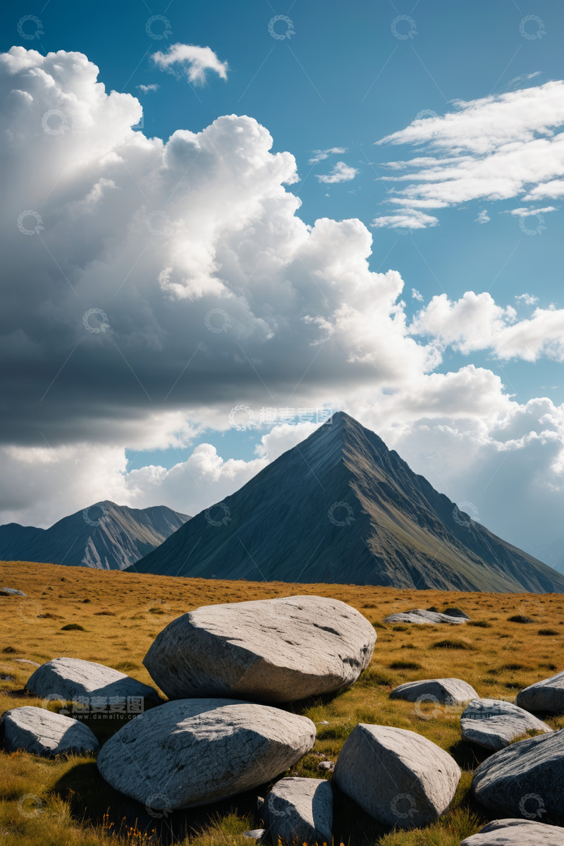高清大图下载【趣麦麦图】高山草地巨石与蓝天白云景致