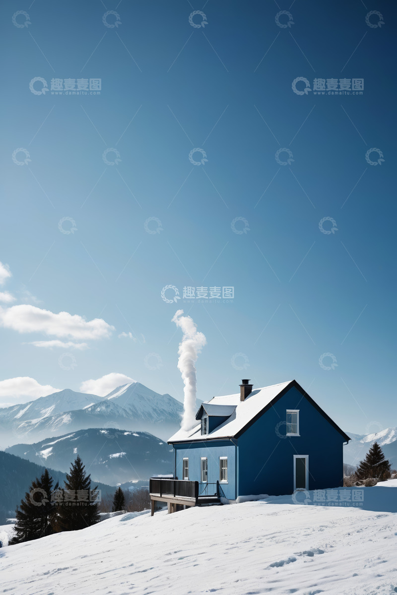 高清大图下载【趣麦麦图】雪山下蓝屋雪景