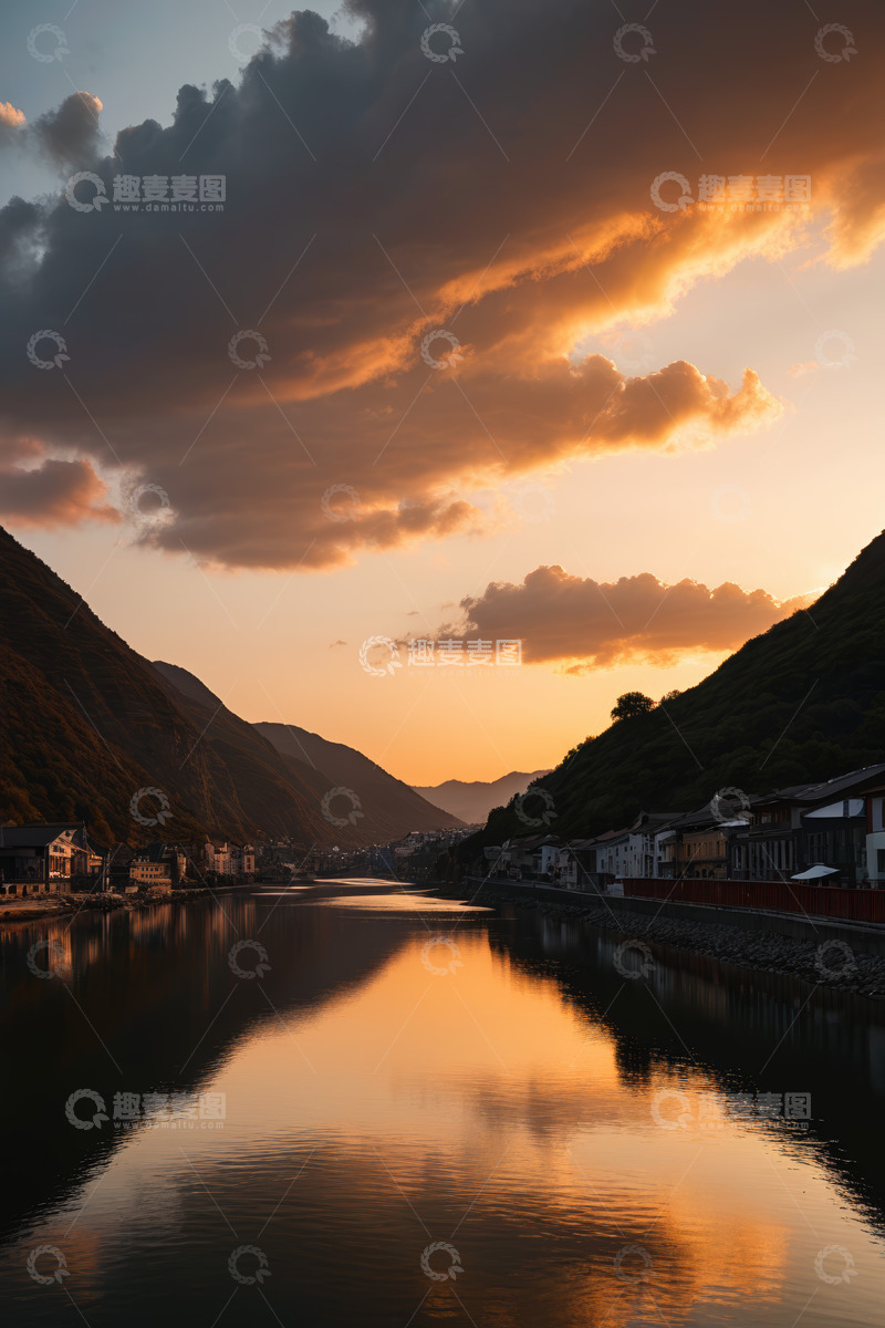高清大图下载【趣麦麦图】河畔夕阳下的村庄与山水景观