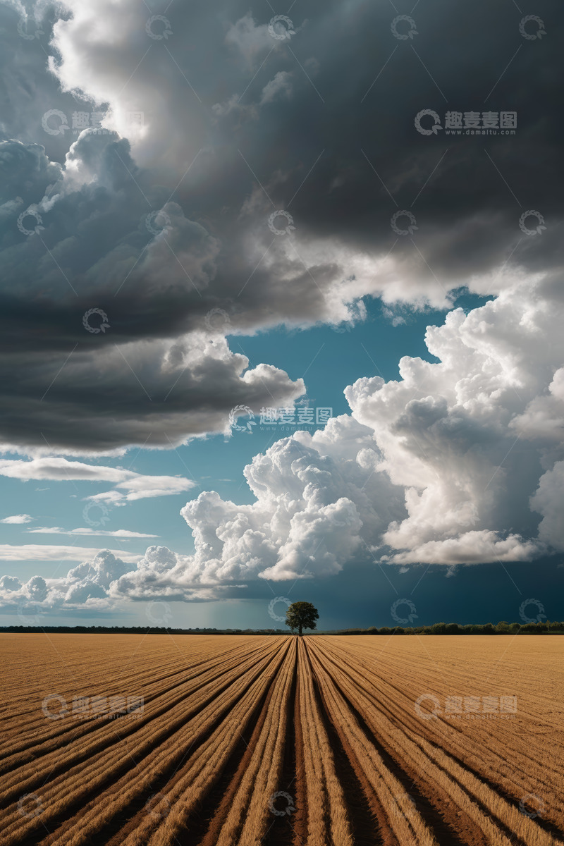 高清大图下载【趣麦麦图】广袤田野上的孤树与天空