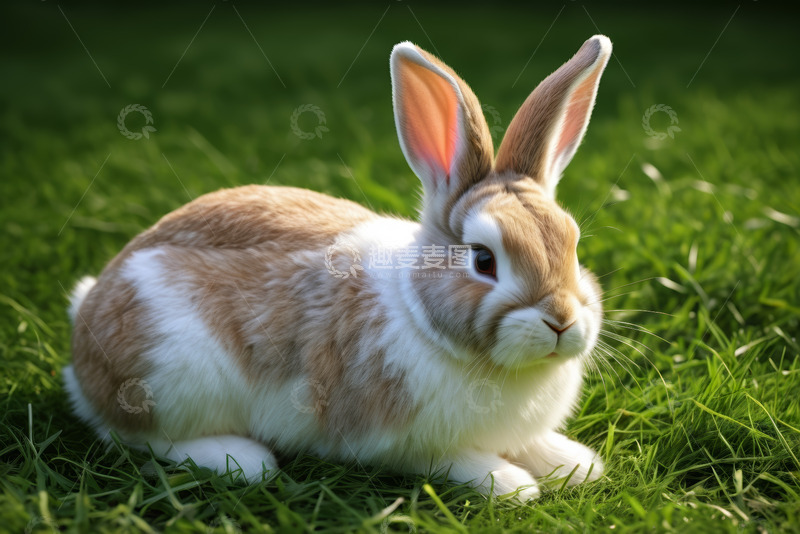 高清大图下载【趣麦麦图】草地上休憩的棕白相间兔子