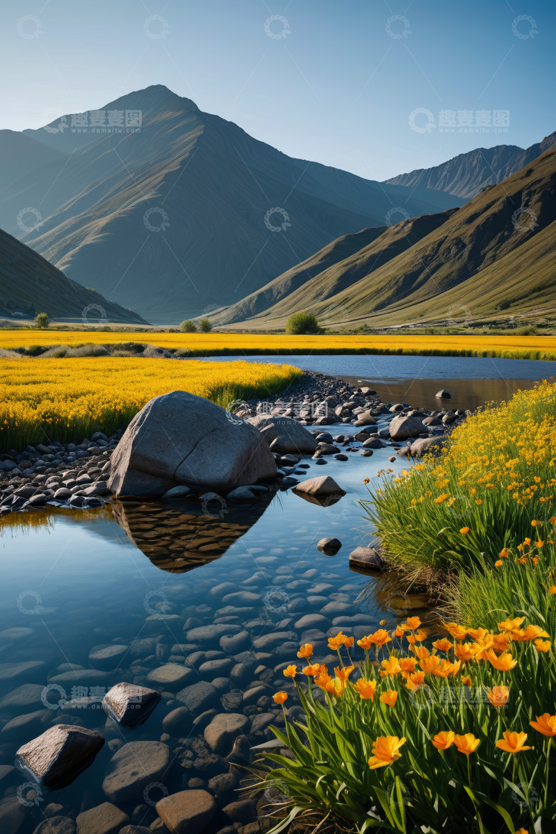 高清大图下载【趣麦麦图】山间河畔盛开的黄色野花风景