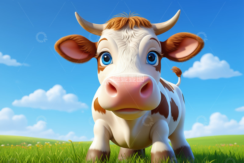 高清大图下载【趣麦麦图】卡通奶牛在草地望向镜头