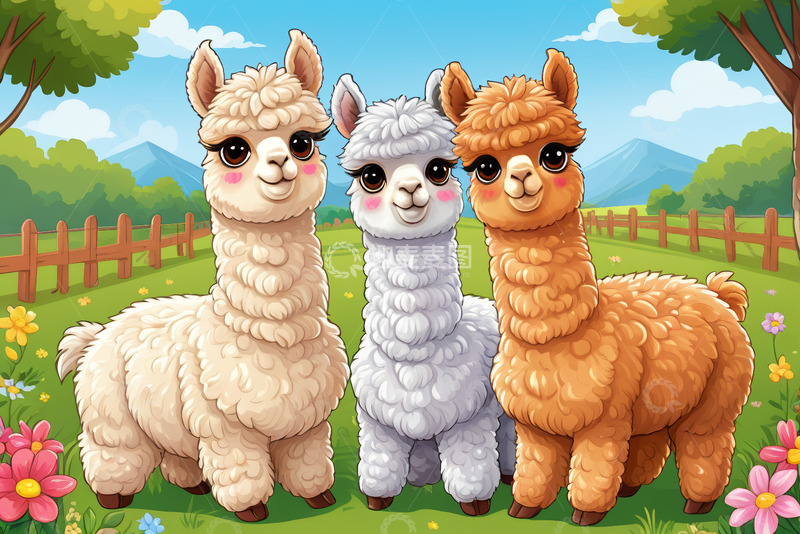 高清大图下载【趣麦麦图】三只羊驼站立在田园草地