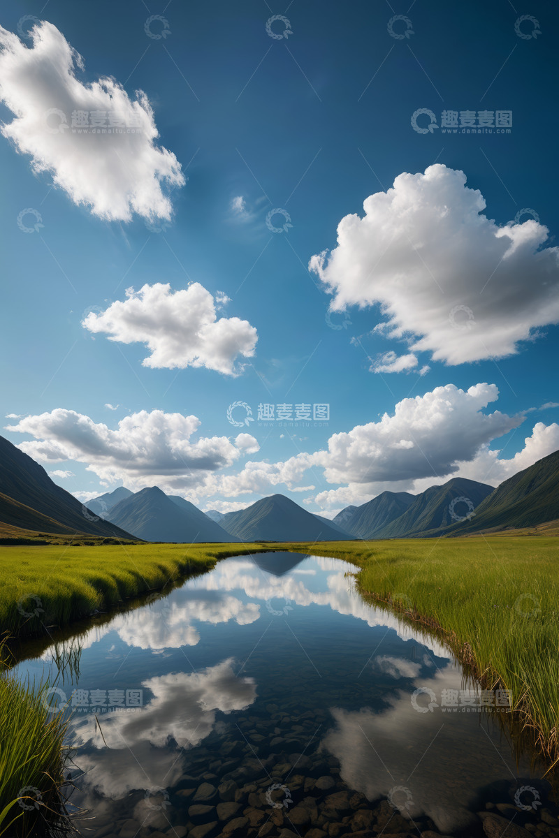 高清大图下载【趣麦麦图】蓝天白云下的山水自然景观