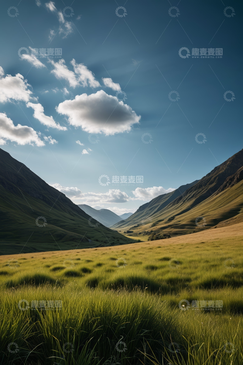 高清大图下载【趣麦麦图】山谷间的开阔草地与蓝天白云