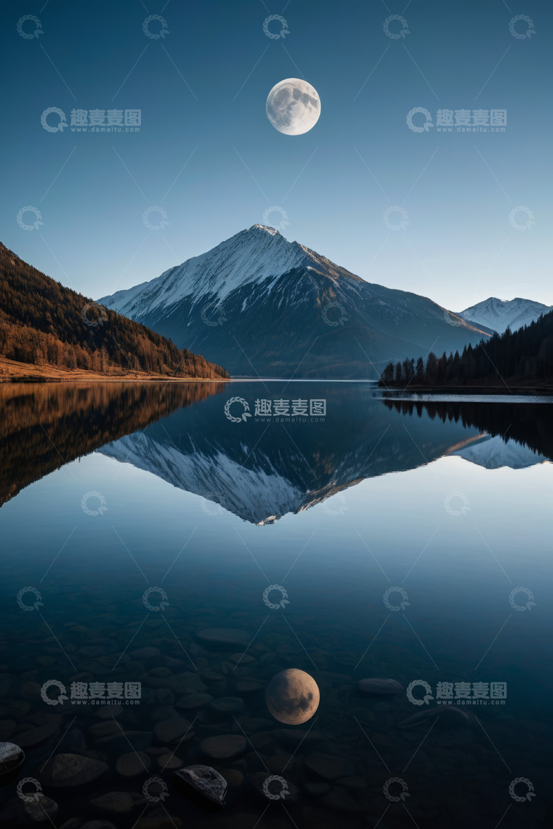 高清大图下载【趣麦麦图】山间湖泊月夜自然风光
