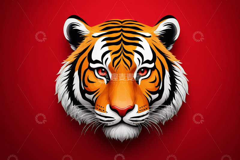 高清大图下载【趣麦麦图】红色背景上的老虎头部特写
