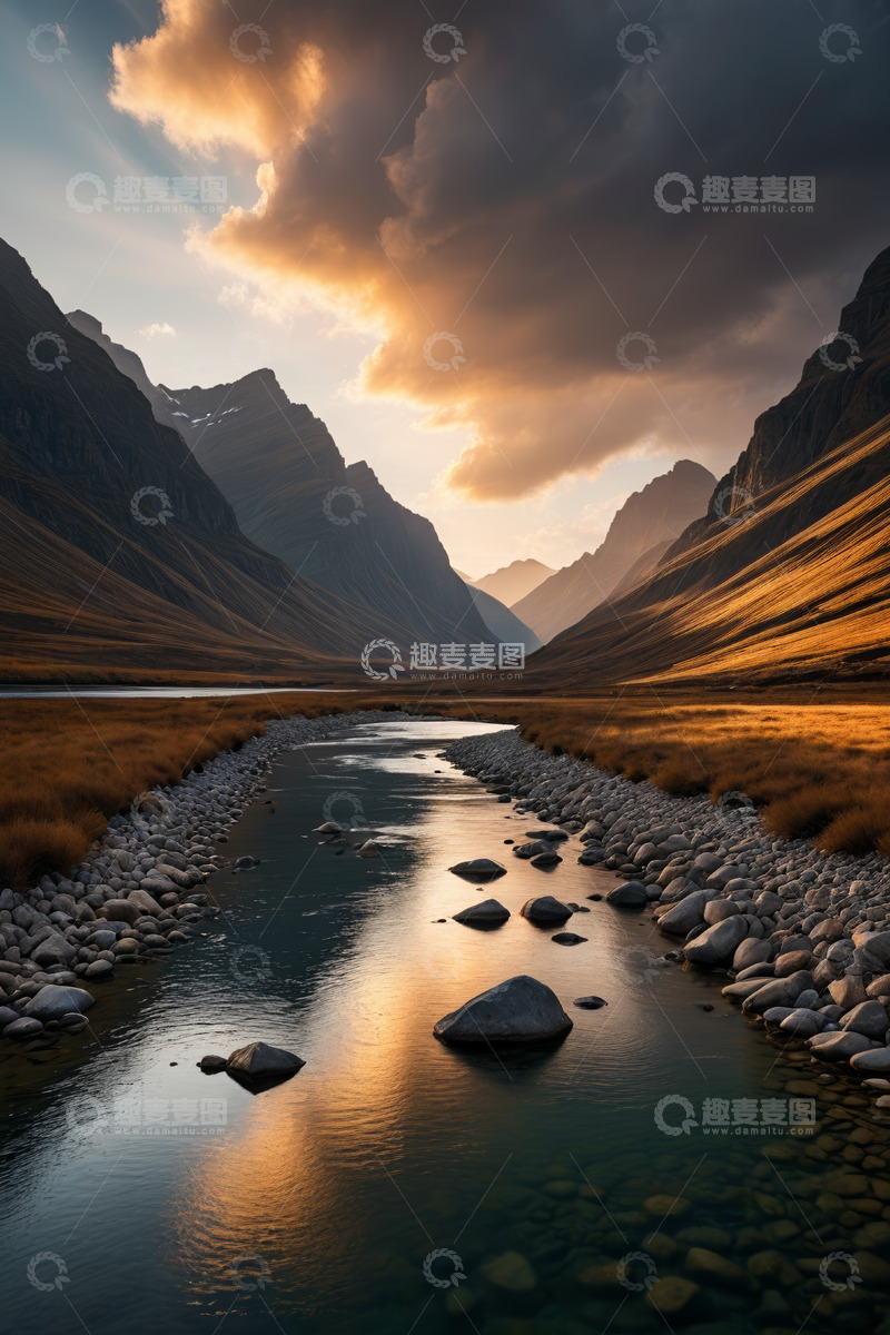 高清大图下载【趣麦麦图】山谷河流与夕阳下的山景