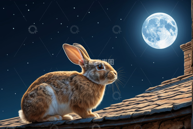 高清大图下载【趣麦麦图】月夜屋顶上的兔子