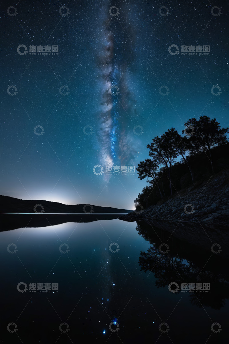 高清大图下载【趣麦麦图】湖面夜空银河倒影景观