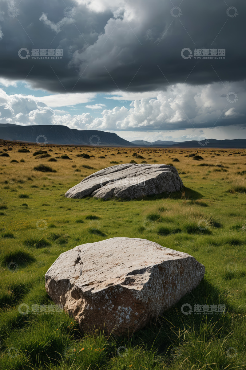 高清大图下载【趣麦麦图】草原上的巨石与多云天空