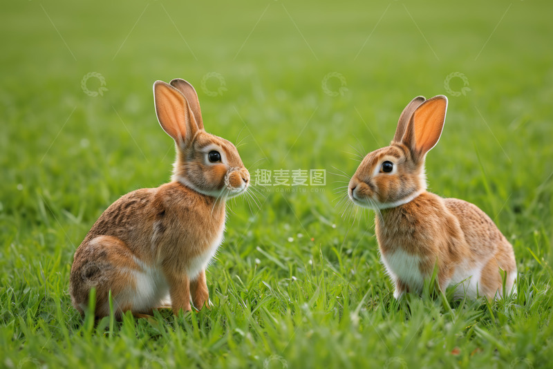 高清大图下载【趣麦麦图】草地上的两只兔子