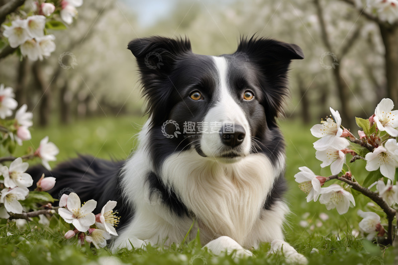 高清大图下载【趣麦麦图】花丛中趴着的边牧犬
