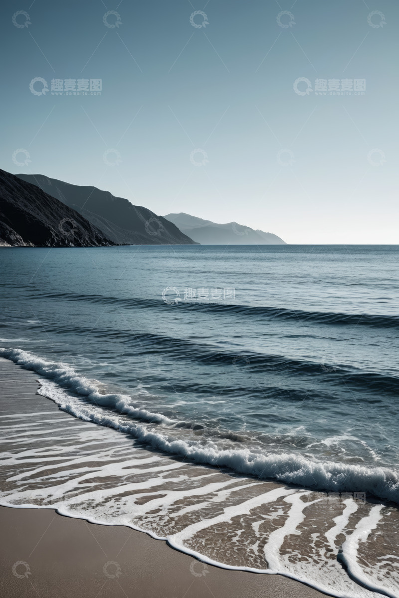 高清大图下载【趣麦麦图】海边沙滩海浪与远山景观