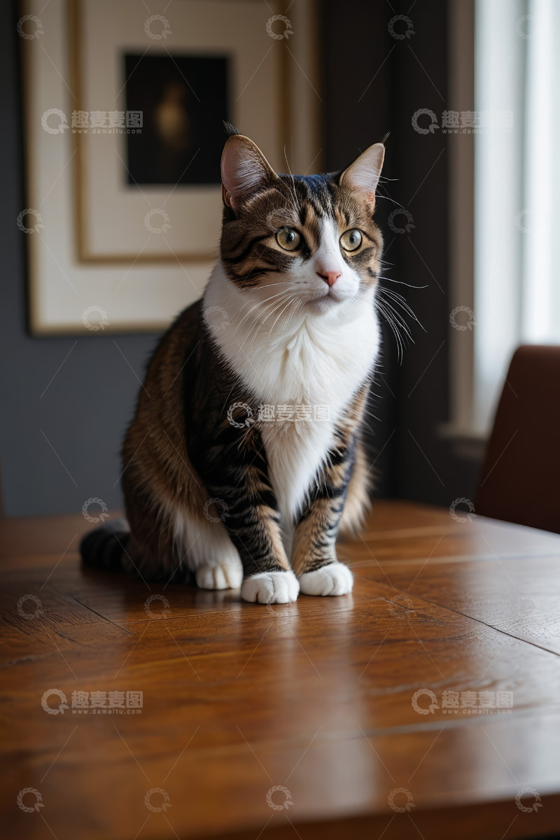 高清大图下载【趣麦麦图】坐在木桌上的斑纹宠物猫