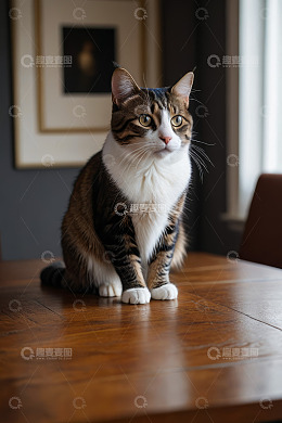 坐在木桌上的斑纹宠物猫