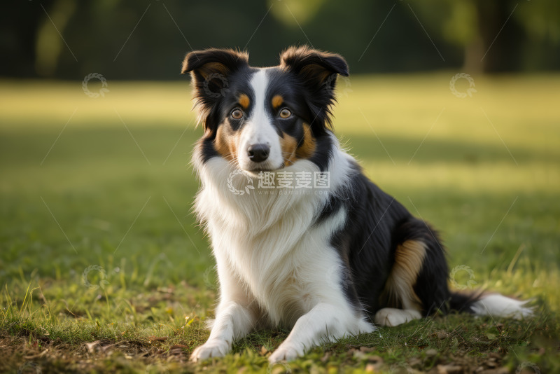 高清大图下载【趣麦麦图】草地上坐着的三色边境牧羊犬