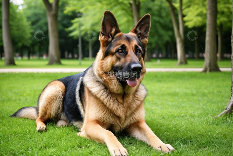 高清大图下载【趣麦麦图】公园草地休憩的德国牧羊犬