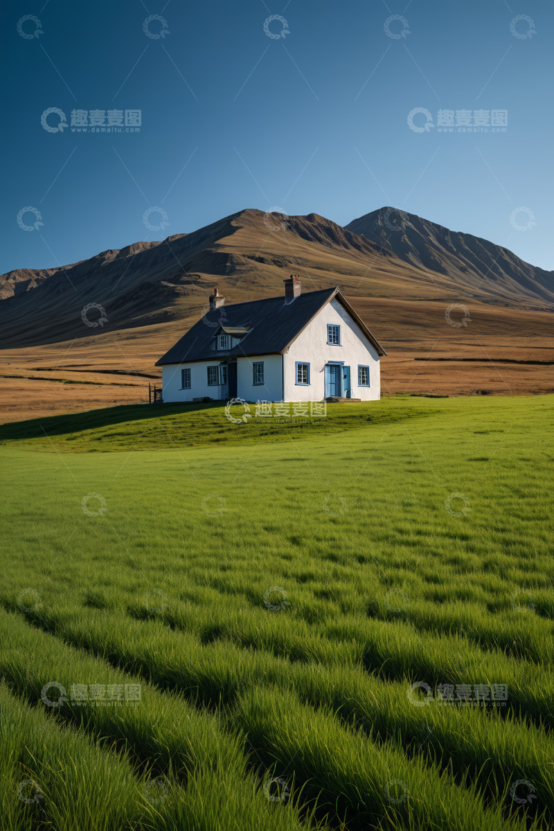 高清大图下载【趣麦麦图】草原上的白色小屋与远山