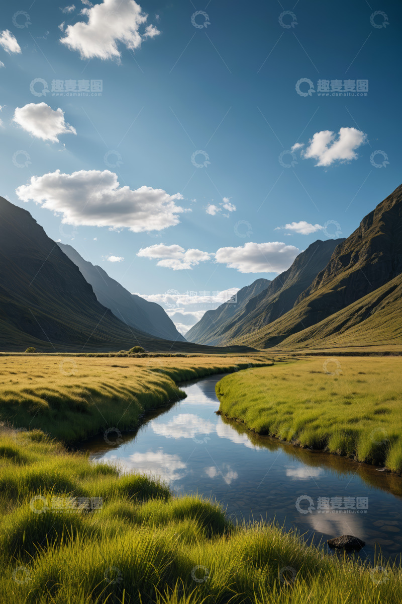 高清大图下载【趣麦麦图】山谷草地河流自然风光