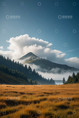 山间草地森林与云雾风景