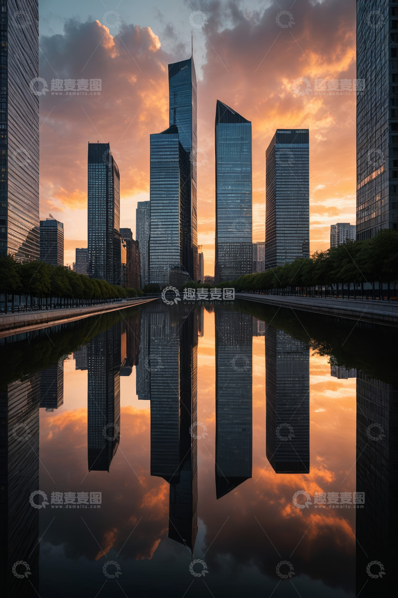 高清大图下载【趣麦麦图】城市高楼黄昏倒影景观