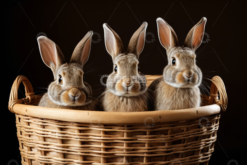 高清大图下载【趣麦麦图】篮子里的三只可爱兔子
