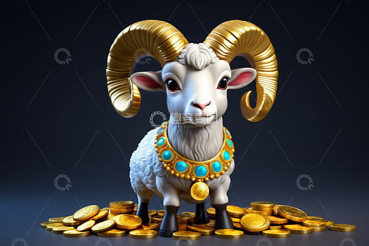 戴着珠宝站在金币上的公羊