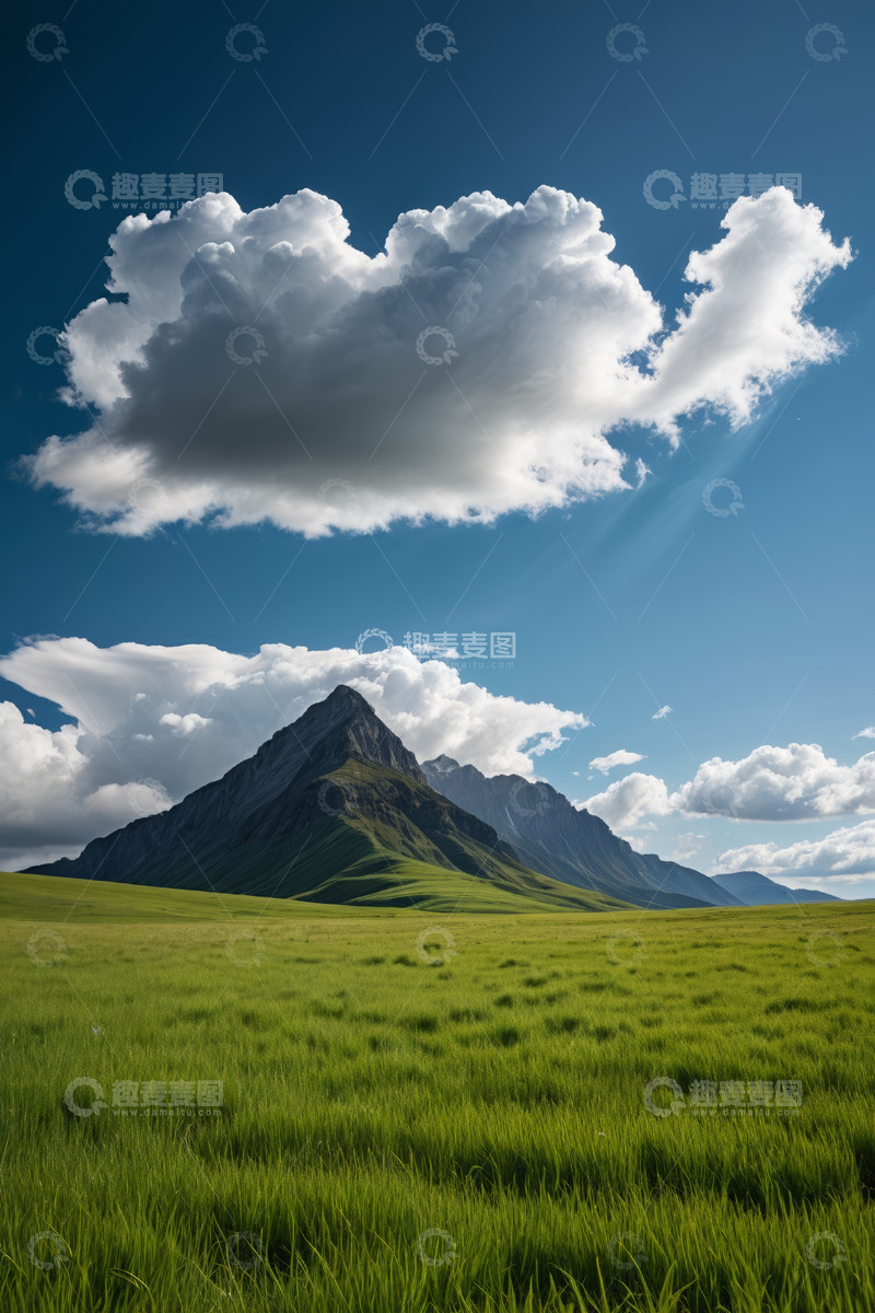 高清大图下载【趣麦麦图】草原上的高山与蓝天白云景观