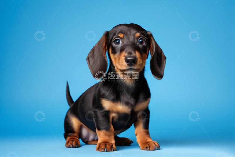 高清大图下载【趣麦麦图】蓝色背景前的黑色棕色小狗