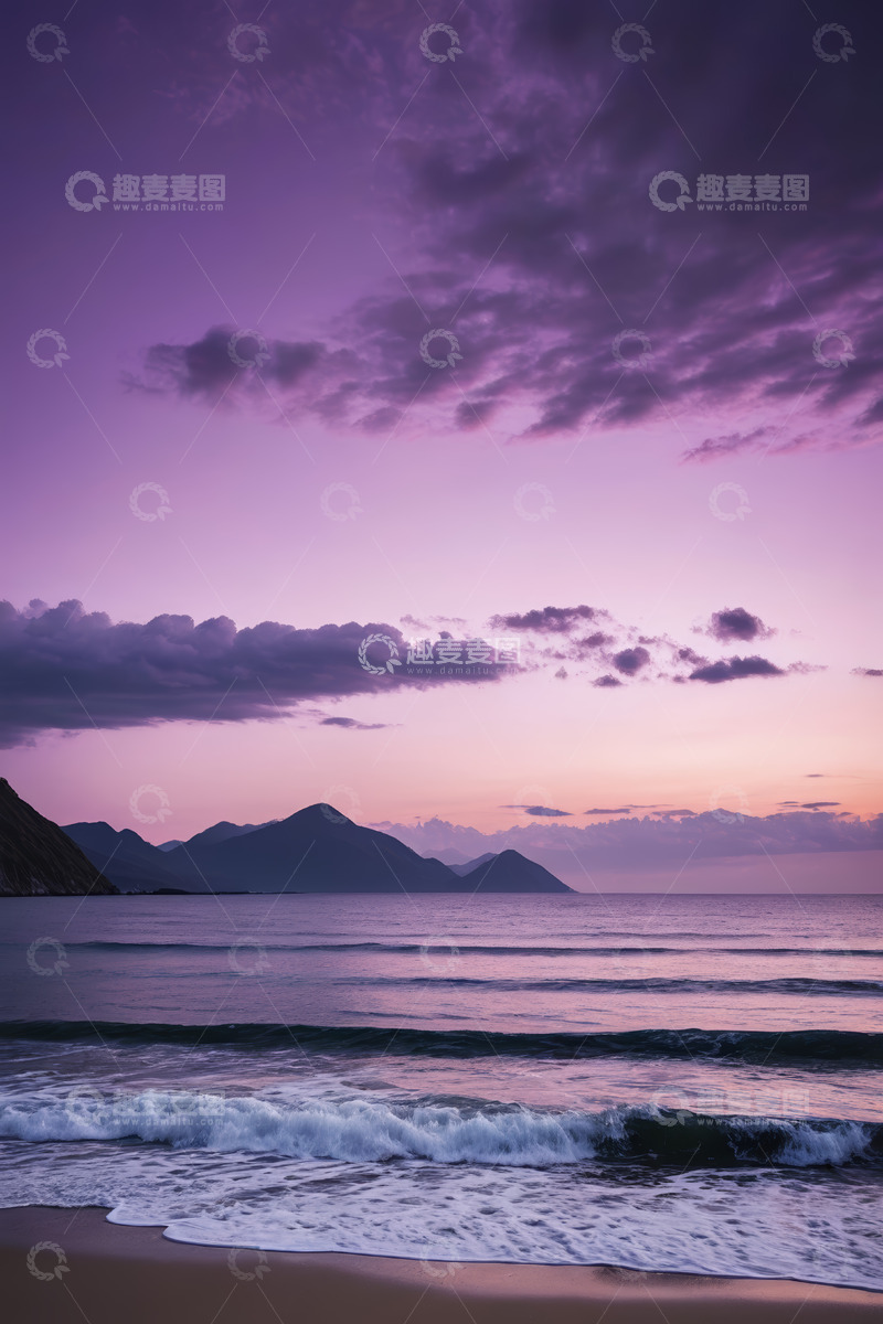 高清大图下载【趣麦麦图】海滩边的紫色天空与海浪景观