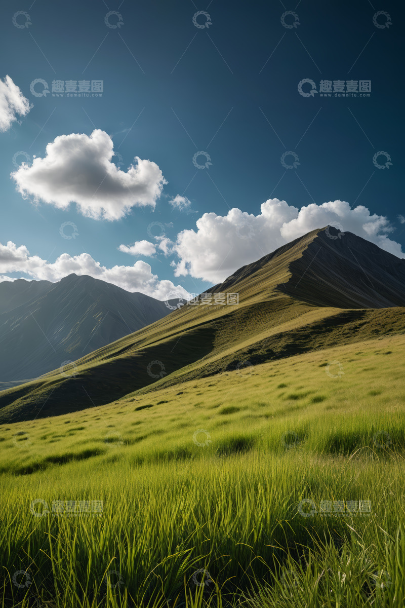 高清大图下载【趣麦麦图】蓝天白云下的高山草原景观
