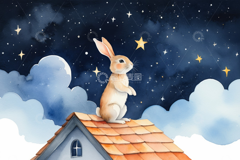 高清大图下载【趣麦麦图】屋顶上的兔子仰望星空动画素材