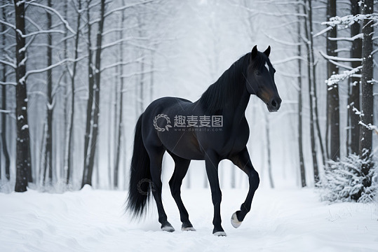 雪地森林中行进的黑马
