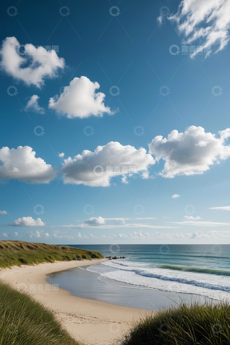 高清大图下载【趣麦麦图】蓝天白云下的海滩与海洋景观