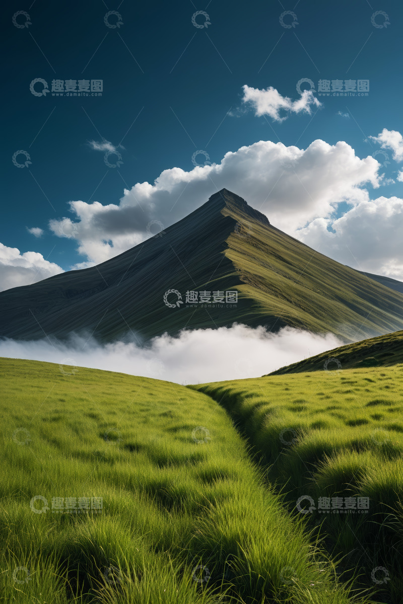 高清大图下载【趣麦麦图】草原上的山峰与蓝天白云景观