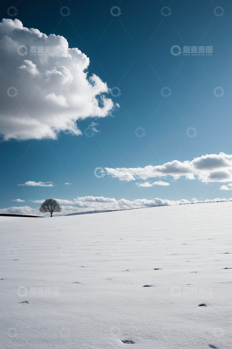 高清大图下载【趣麦麦图】雪地上孤立的树木与蓝天白云