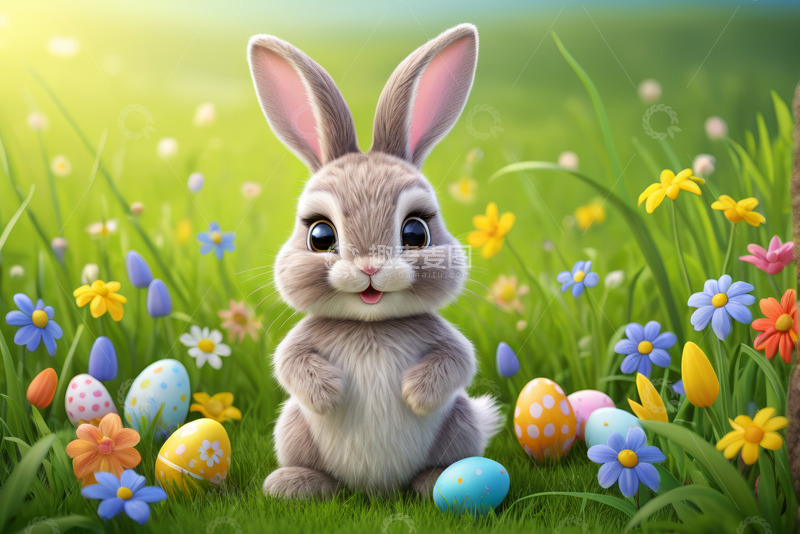高清大图下载【趣麦麦图】复活节兔子与彩蛋在花丛草地
