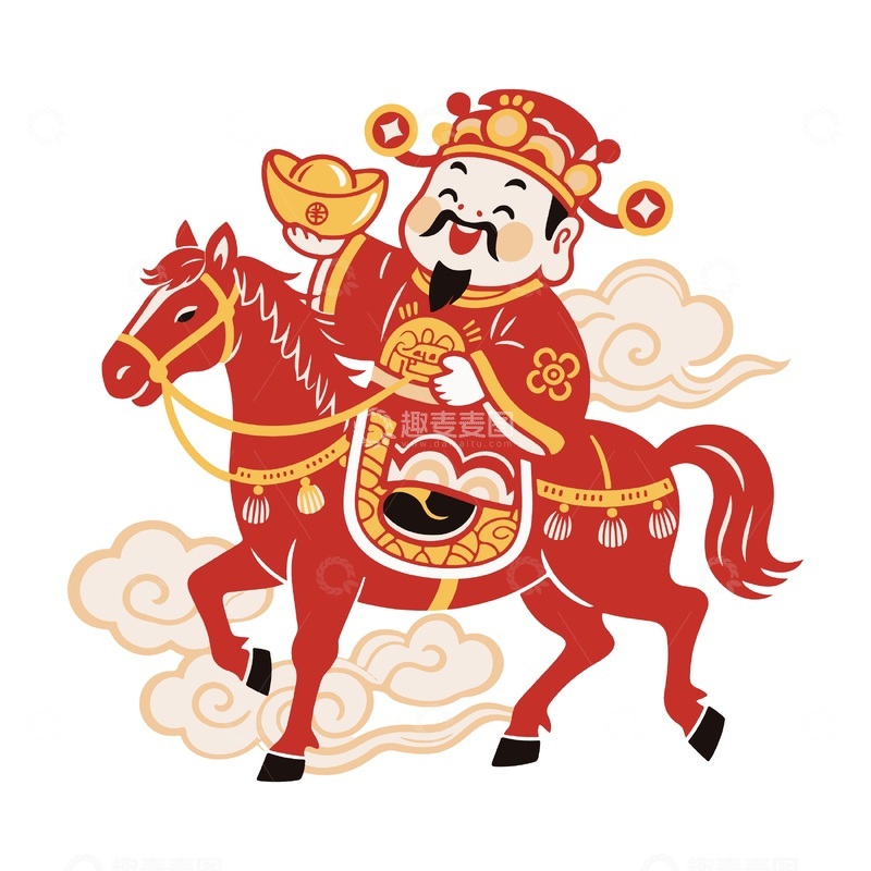 源文件下载【趣麦麦图】喜庆中国风财神骑马插画
